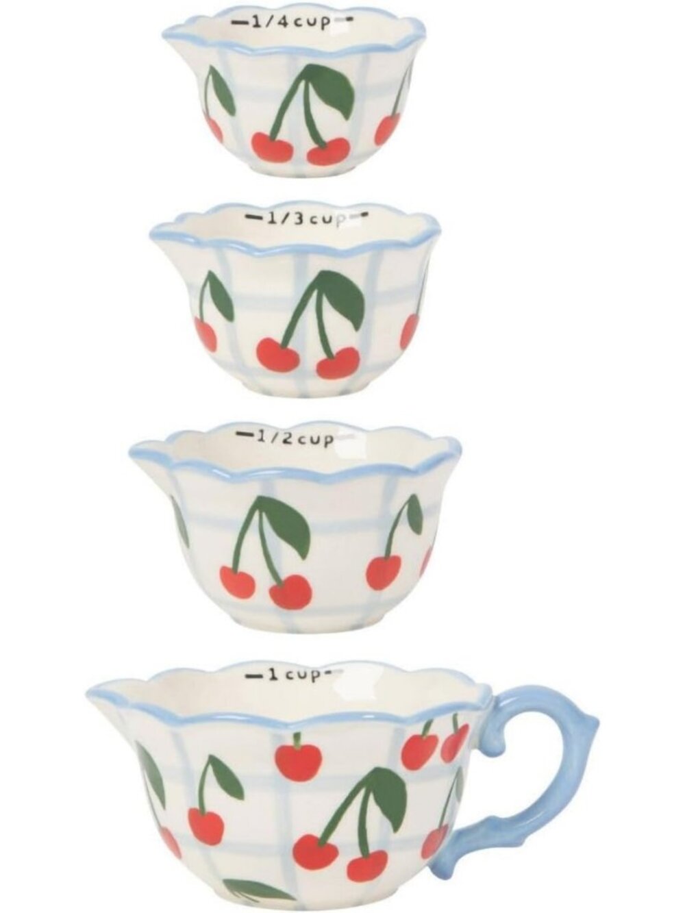 Set of 4 Decorative Cherry Stoneware Measuring Cups for Baking & Cooking